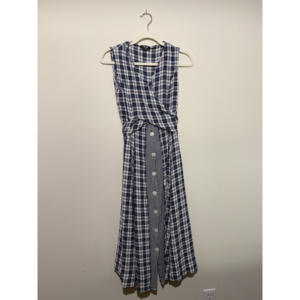 Vintage Boutique Europa Newport News Plaid Gingham Button Front Midi Dress Blue